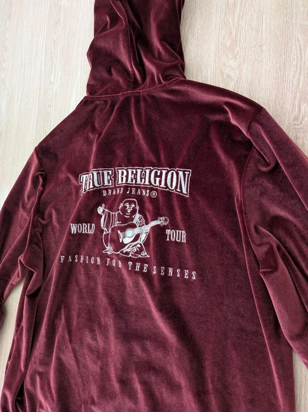 True Religion Hoodie Men's XXL Velour Burgundy Full Zip Fashion For The Senses